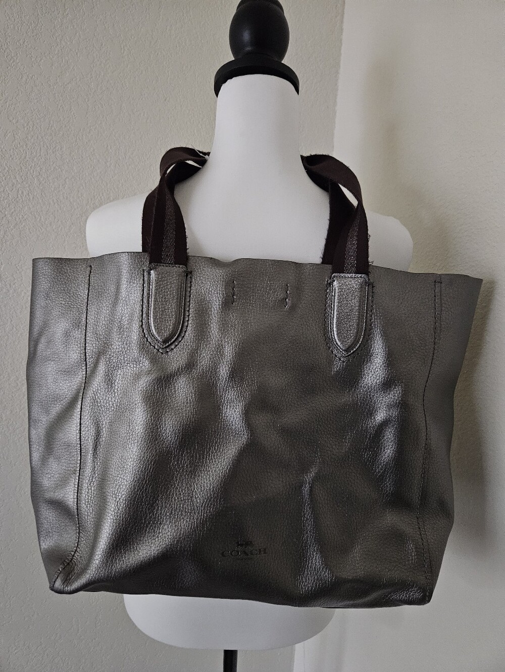 Coach Metallic Charcoal Leather Tote with Dark Brown Handles